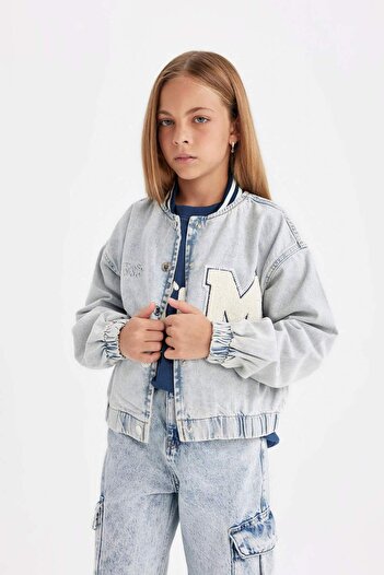 DeFacto Girl's Seasonal Jean Bomber Jacket with Snap Pockets C7485A824Au
