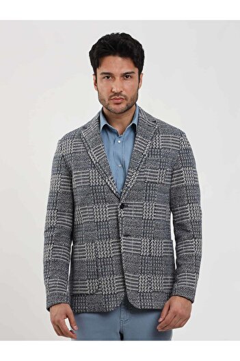 Dufy Navy Blue Men's Slim Fit Jacquard Casual Mono Collar Jacket