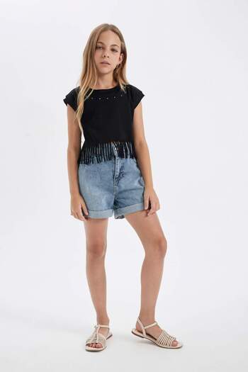 DeFacto Girls' Crew Neck Crop Short Sleeve T-Shirt D6096A824Sp