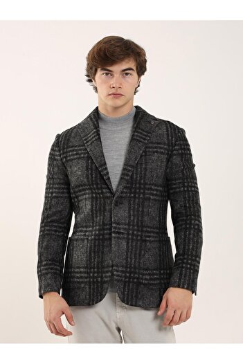 Dufy Black Men's Slim Fit Plaid Patterned Casual Mono Collar Jacket