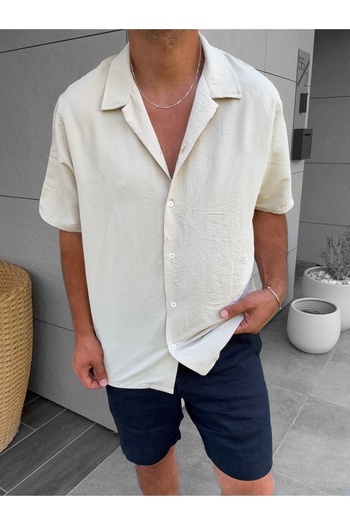 King Brothers Linen Muslin Striped Short Sleeve Men's Shirt Regular Full Fit Relaxed Fit