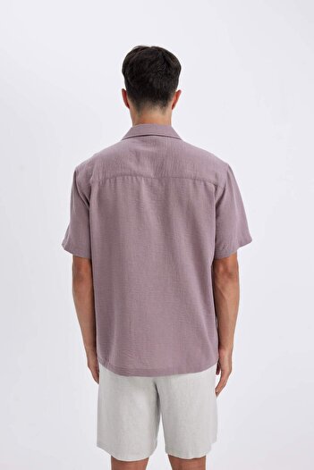 DeFacto Relax Fit Polo Yaka Keten Görünümlü Basic Düz Kısa Kollu Gömlek D4541AX24SM