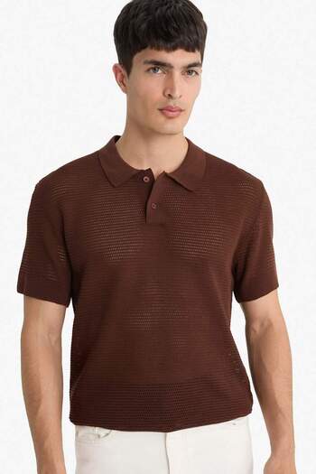 DeFacto Τυπική εφαρμογή Κανονική εφαρμογή Polo Neck Basic Απλό κοντομάνικο διάτρητο πλεκτό μπλουζάκι C9582AX24SM