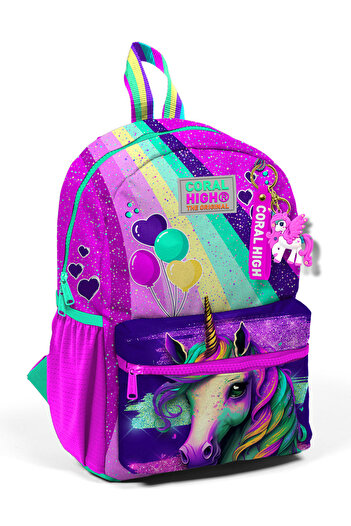 Coral High 23558 Kids Pink Water Green Unicorn Patterned Two Compartment Little Nest Backpack