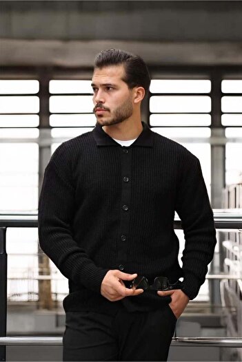 Valiberta Oversize Thessaloniki Knitted Buttoned Men's Cardigan-Black