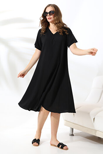 LİKAPA Plus Size Viscose Dress - V-neck, Short Sleeve, Summer 2688
