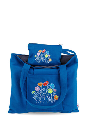 Wings Of Simurg Butikmutik-Garden of Poppies Embroidered Zippered Canvas Tote Bag and Wallet Set
