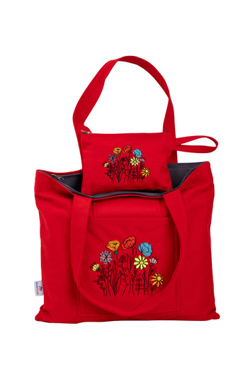 Wings Of Simurg Butikmutik - Red Embroidered Ferret Garden Zippered Canvas Tote Bag and Wallet