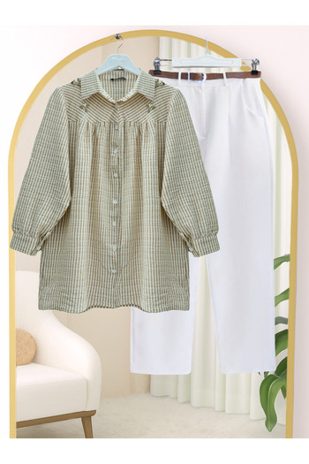 Modamorfo Striped Shirt with Stone and Bead Detail on Top - Mink
