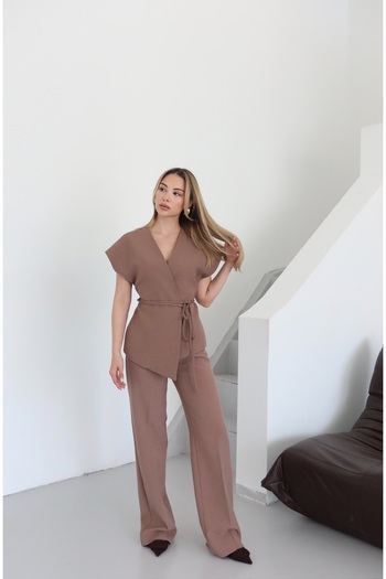 Laluvia Brown Juana Vest Pants Set - 8597