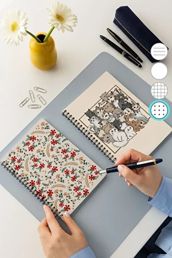 Eldesen Tasarım Set of 2 Dotted Notebooks, A5 Size 50 Sheets 100 Pages Set of 2, with Cat