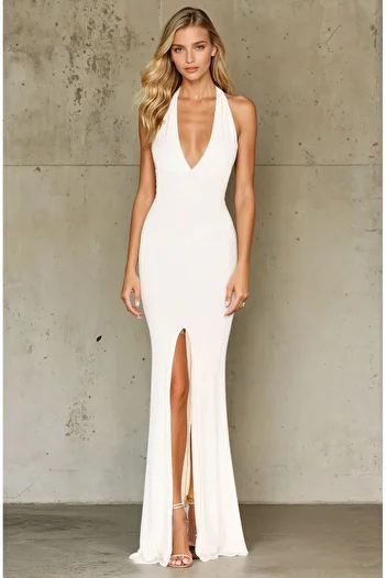 OLSAMODA Women's V-Necklace Back Decollete Slit Lycra Flexible Fabric Maxi Size Evening Dress