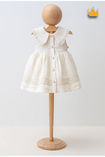 Mymio 0-24 Months 100% Cotton Baby Girl Child Buttoned Lace Glitter Muslin Summer Eid Dress 4212