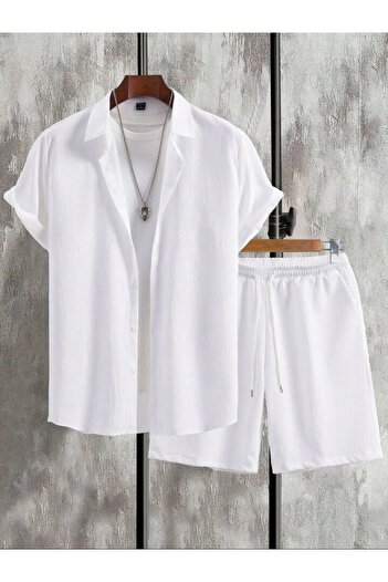 Fifty Color Men's White Short Sleeve Shirt and Shorts Wrinkle Crinkle Suit