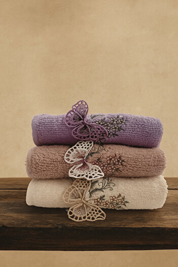 asev tekstil 30X50 cm Guipure Butterfly Embroidered 3-Piece Kitchen Towel |   Hand Towel |   Face Towel Set