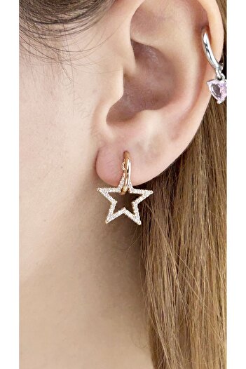 Neon Takı by Atalay Sensitivity Tag and Zircon Stone, Star Model Stainless Steel Earrings 627, Pink (Rose) Color