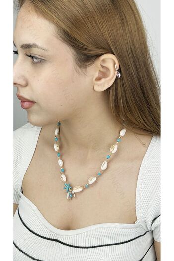 Neon Takı by Atalay Sensitivity Tag and Summer Necklace with Mussel Shell, Blue Beads, 393, Gold Color