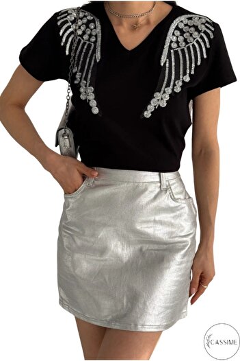 Cassime Women's Blackangel Wing V-Neck Sequin Sequin Embroidered 100% Cotton T-Shirt