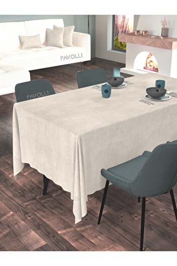 FAVOLLİ Velvet Textured Ecru Color Tablecloth