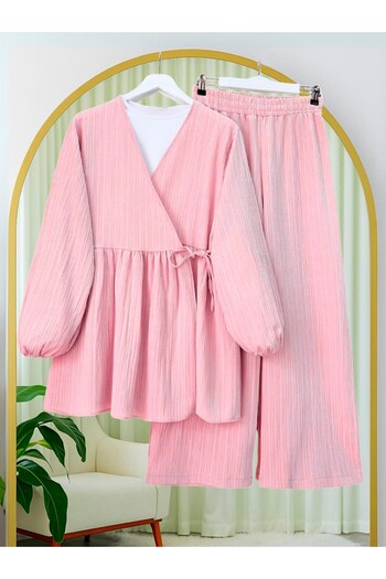 Modamorfo Tunic with Tie Inside and Wide Leg Trousers Set - Pink
