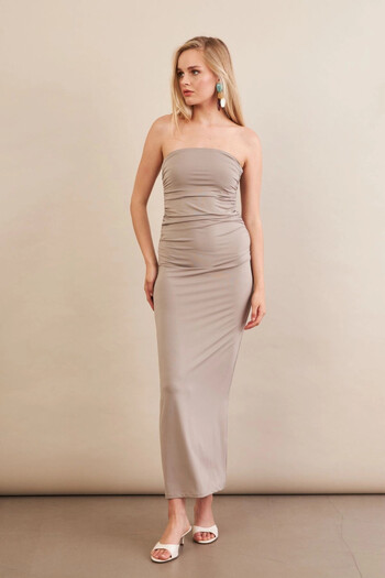 Cool & Sexy Women's Stone Strapless Gathered Midi Dress Mx2005