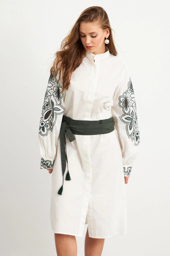 Cool & Modest Women's Ecru-Khaki Embroidery Detailed Linen Shirt Dress Mqs1839-90
