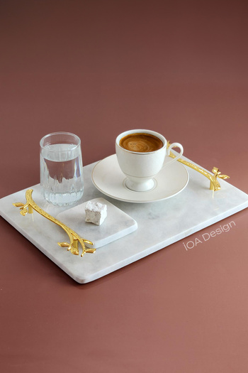 ioadesign Acacia - Groom's Coffee Set Real Fine Marble Tray + Cup + Water Cup + Turkish Delight Holder Gold Handle