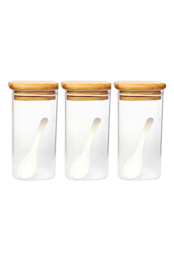 tios home 3Pcs 430ml Wooden Beech Wood Lid Vacuum Mica Acrylic Spice Rack Storage Box