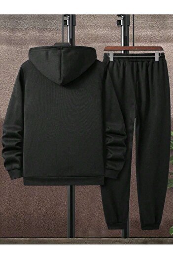 DUBU BUTİK Fresh Eşofman Takımı Sweatshirt Jogger - Siyah Baskılı Şardonlu Kapüşonlu
