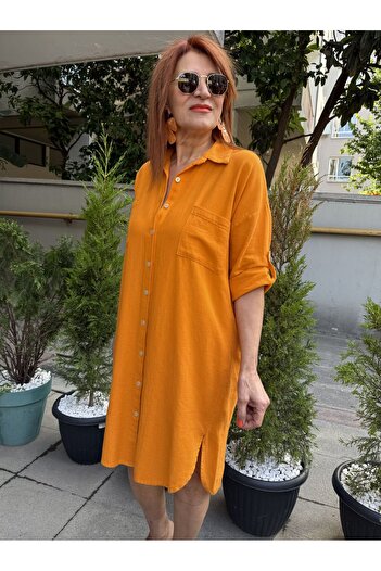 DenizEge Cotton Shirt Dress Orange