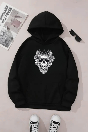 CLAYES Unisex Black Hooded Sweatshirt – Skull Rose Printed, Thick Fabric with Hood