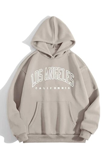 CLAYES Los Angeles California Patterned Beige Oversize Hooded Sweatshirt