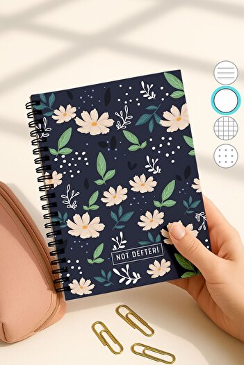 Eldesen Tasarım A5 Spiral Bound Unlined School Notebook, 50 Sheets 100 Pages, Cardboard Cover Notepad, White Floral