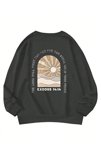 DUBU BUTİK Exodus 14:14 Winter Thick Sweatshirt - Smoke Printed Oversize Thick Winter Crew Neck