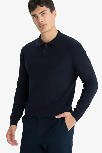 DeFacto Navy Blue Standard Fit Polo Collar Buttoned Knitwear Sweater D1959Ax24Au