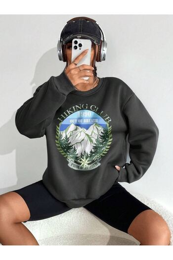 CLAYES Hiking Club 1990 Sweatshirt - Smoke Printed Oversize Crew Neck