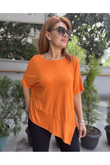 DenizEge Asymmetric Viscose T-Shirt Orange