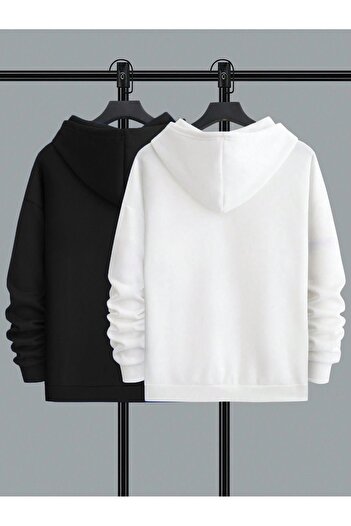 DUBU BUTİK 2'li Still Freedom Kalın Kışlık Sweatshirt - Siyah Beyaz Baskılı Oversize Kapüşonlu