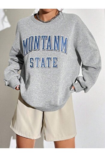 DUBU BUTİK Montanm State Sweatshirt - Gray Printed Oversize Crew Neck
