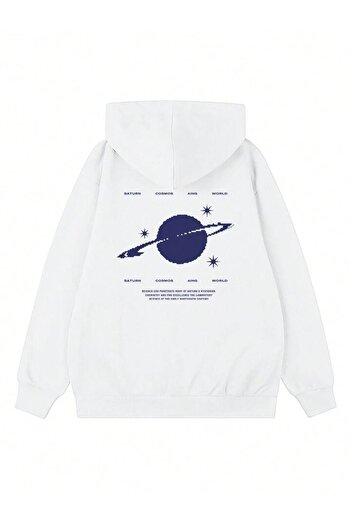 CLAYES Saturn Cosmos 100% Cotton Sweatshirt - White Printed Oversize Winter with Fleece Inside Hood