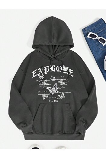 CLAYES Explore Butterfly Sweatshirt - Black Printed Oversize Hoodie