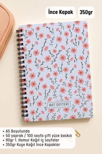 Eldesen Tasarım A5 Spiral Checkered School Notebook, 50 Sheets 100 Pages, Cardboard Cover Notepad, Blue Floral