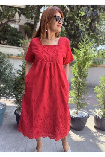 DenizEge Square Neck Brode Dress Red