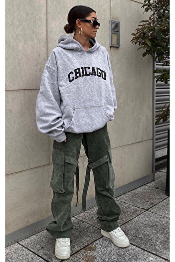 DUBU BUTİK Chicago Sweatshirt - Gray Printed Oversize Hoodie