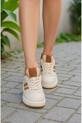 Nstil Günlük Unisex Bej Sneaker Bağcıklı Oval Burun Detay Tırtıklı Taban Bilek Destekli Spor Ayakkabı 351
