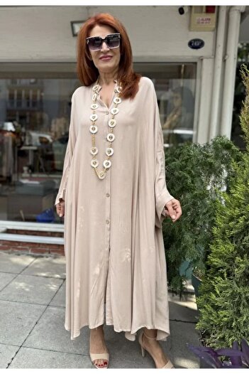 DenizEge Italian Bat Sleeve Long Dress Beige