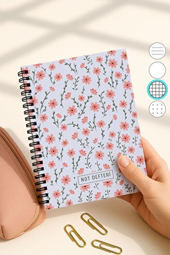 Eldesen Tasarım A5 Spiral Checkered School Notebook, 50 Sheets 100 Pages, Cardboard Cover Notepad, Blue Floral