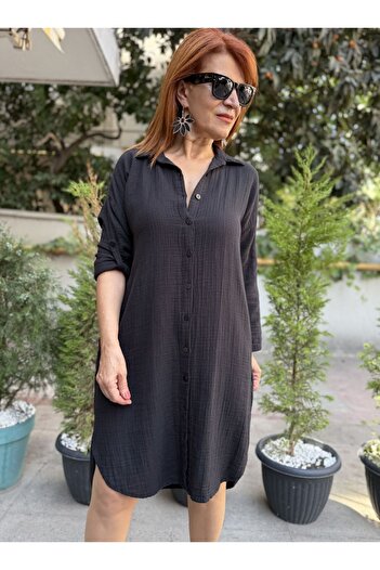 DenizEge Πουκάμισο Μουσελίνα Φόρεμα Μαύρο