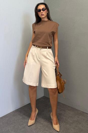 Madmext Beige Pleated Women's Bermuda Shorts Mg2483