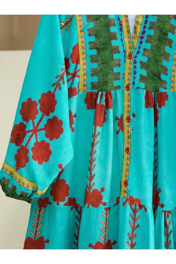 Modamorfo Elastischer Revers-Halbknopf-Viskose-Kleid -Türkis